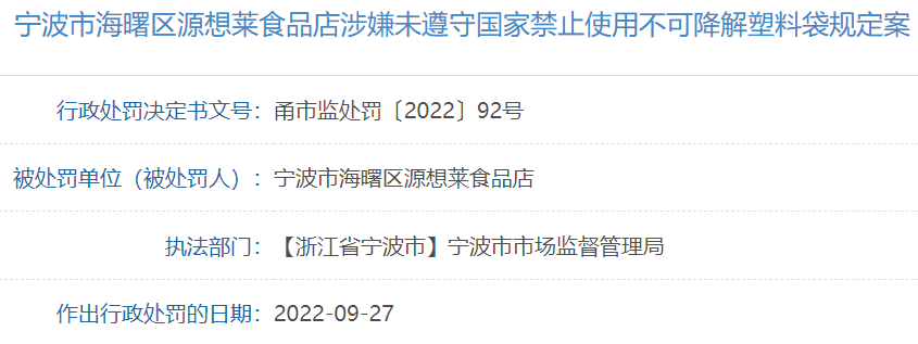 寧波市一食品店使用不可降解塑料袋被罰，降解塑料袋推廣還需努力